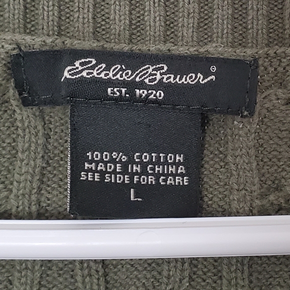 EDDIE BAUER dark green pullover v-neck long sleeve sweater LARGE 100% Cotton - Picture 3 of 4